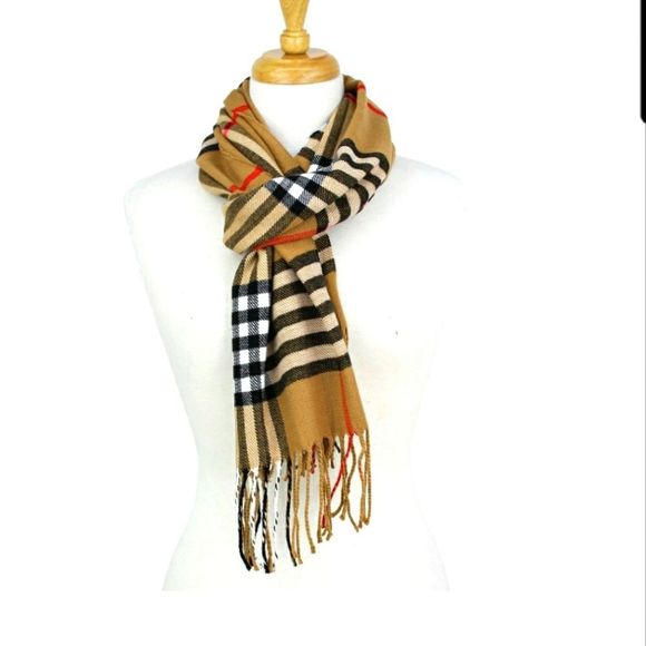 Plaid Cashmere Feel Soft Luxurious Scarf Camel - 72" x 12" with 3" Fringes - Picture 1 of 4